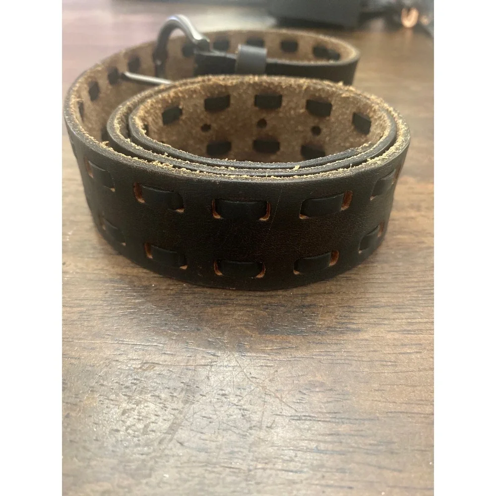Black Genuine Leather Woven Cutout Belt Gunmetal Horseshoe Buckle Mens Womens